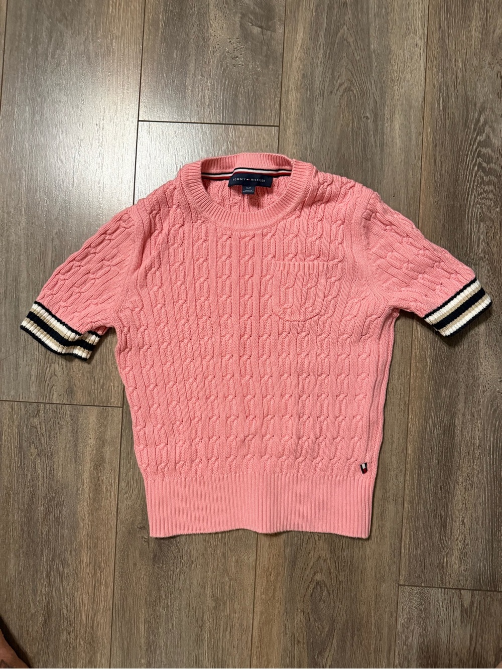 Tommy Hilfiger Coral Pink Cable Knit Short Sleeve Sweater